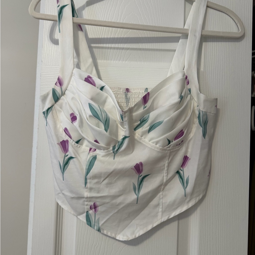 SHEIN White Floral Tulip Bustier Crop Top with Purple Print